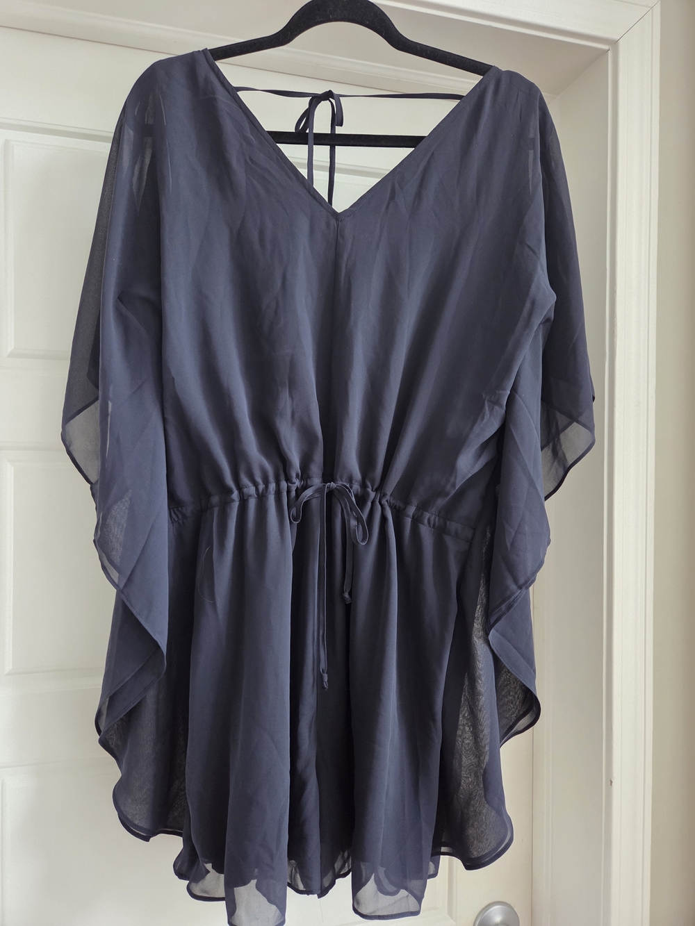 Black V-Neck Chiffon Drawstring Flowy Romper